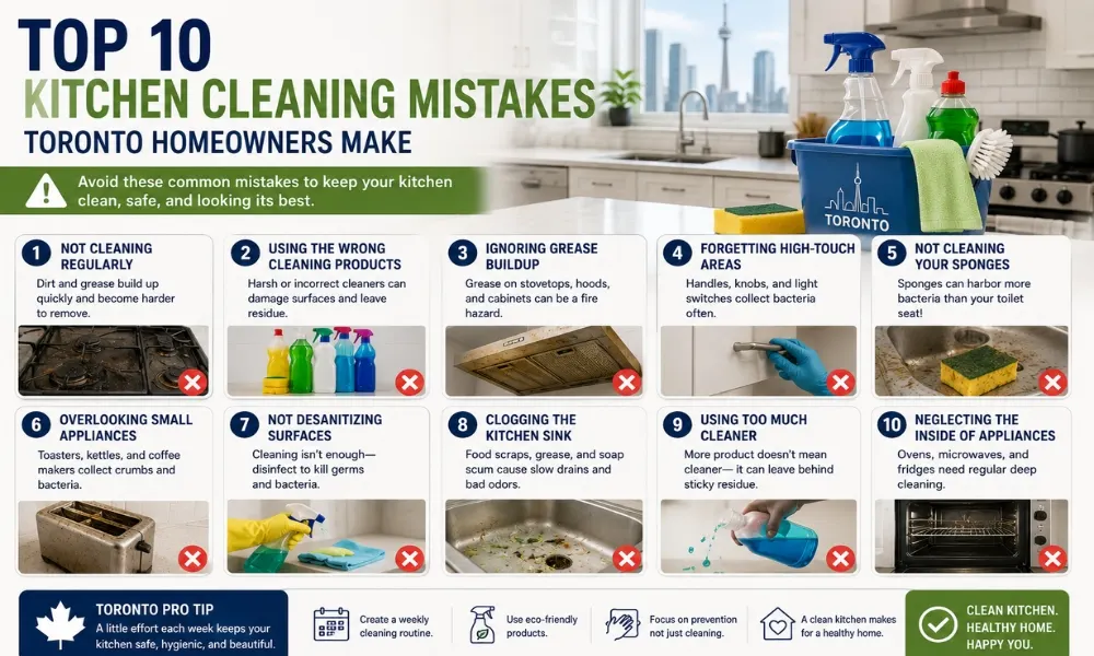 Toronto homeowner cleaning a kitchen while avoiding common kitchen cleaning mistakes