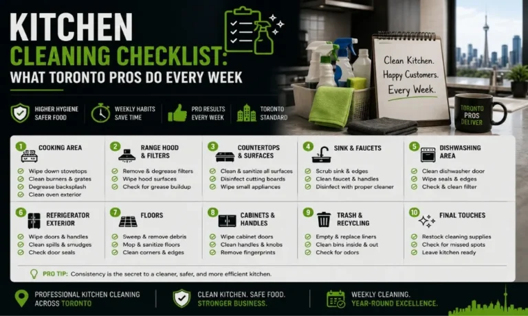 Professional weekly kitchen cleaning checklist being followed in a Toronto kitchen