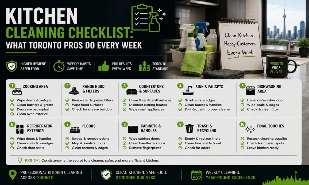 Professional weekly kitchen cleaning checklist being followed in a Toronto kitchen